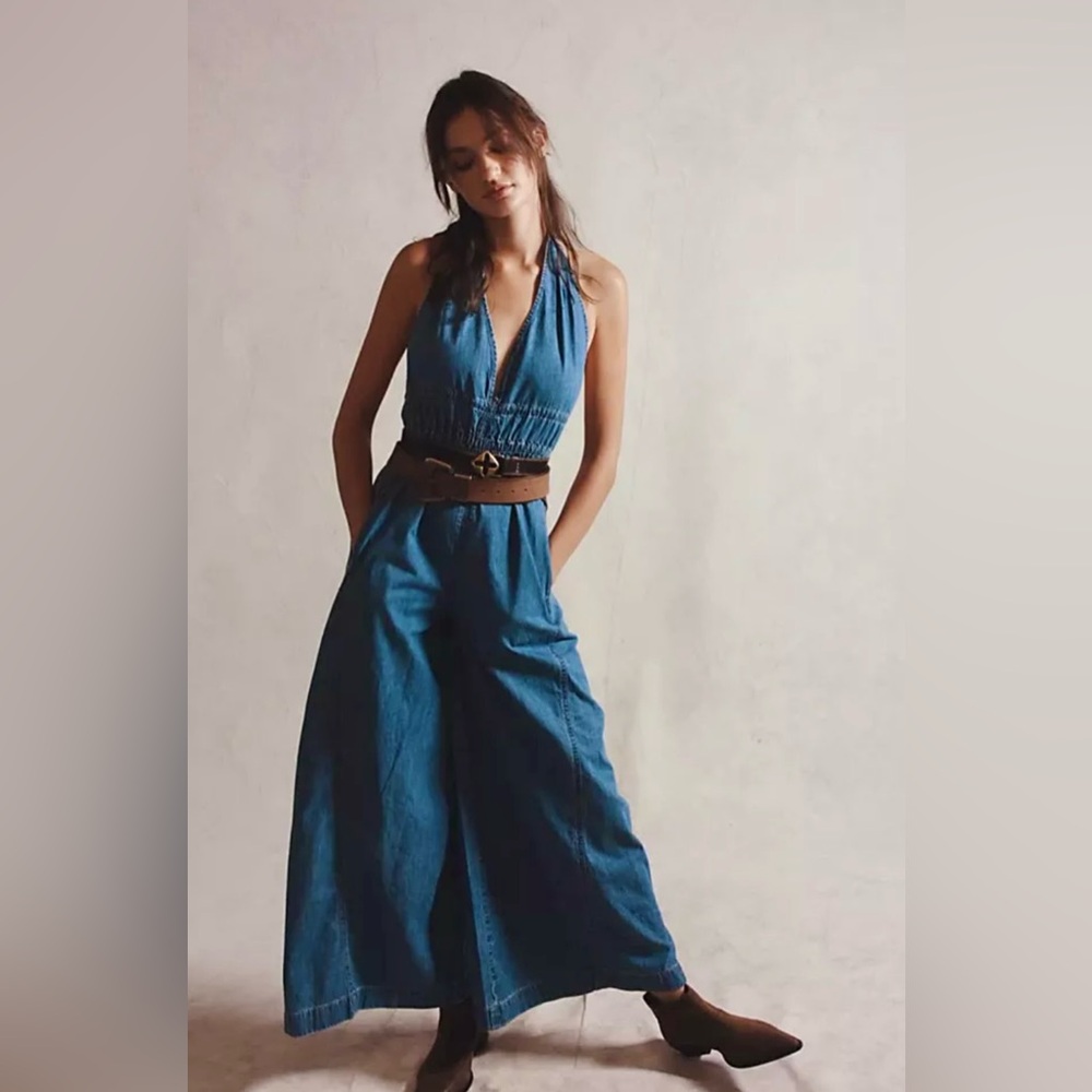 New Free People Sunrays One-Piece Denim Wide-Leg Jumpsuit We The Free